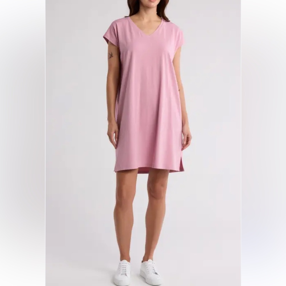 Eileen Fisher V-Neck Cap Sleeve T-shirt Dress Pink